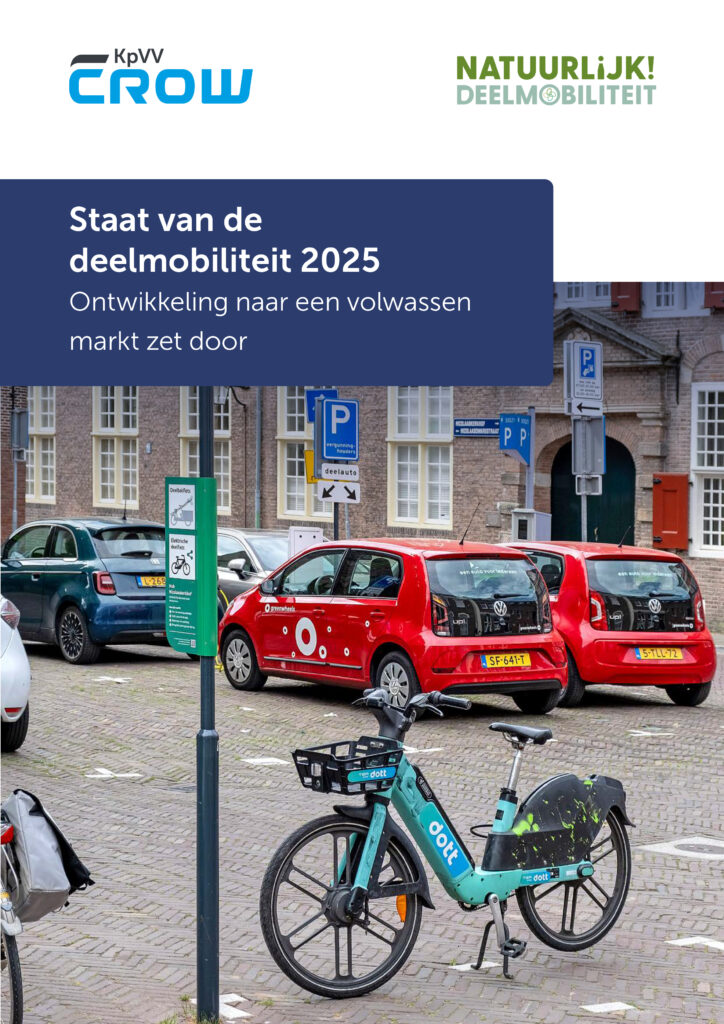 Straatbeeld met deelmobiliteit: een gedeelde fiets op de voorgrond en meerdere deelauto’s geparkeerd bij speciale parkeerplaatsen, met daarboven een titelvlak ‘Staat van de deelmobiliteit 2025’ en logo’s van CROW en Natuurlijk! Deelmobiliteit.