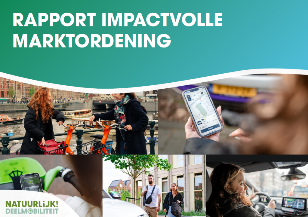 Cover van rapport ‘Impactvolle marktordening’ met collage van deelmobiliteit: fietsen, appgebruik en autoritten in stedelijke omgeving.