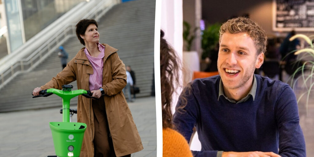 Samengestelde afbeelding van een vrouw bij een deelfiets in de openbare ruimte en een man in gesprek tijdens een interview over deelmobiliteit.