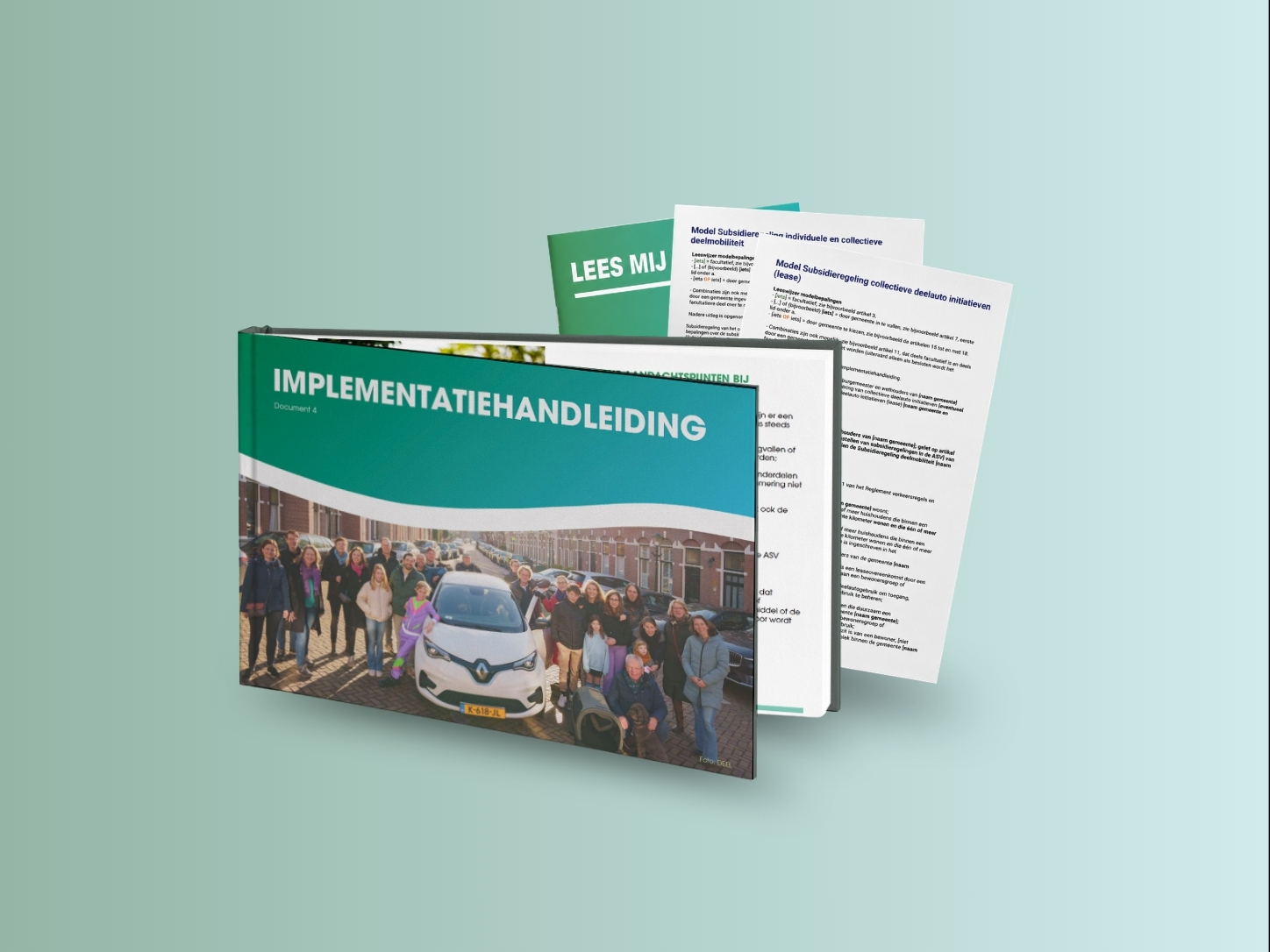 Mock-up van de implementatiehandleiding voor deelmobiliteit, met aanvullende documenten over subsidieregelingen voor individuele en collectieve deelauto-initiatieven.
